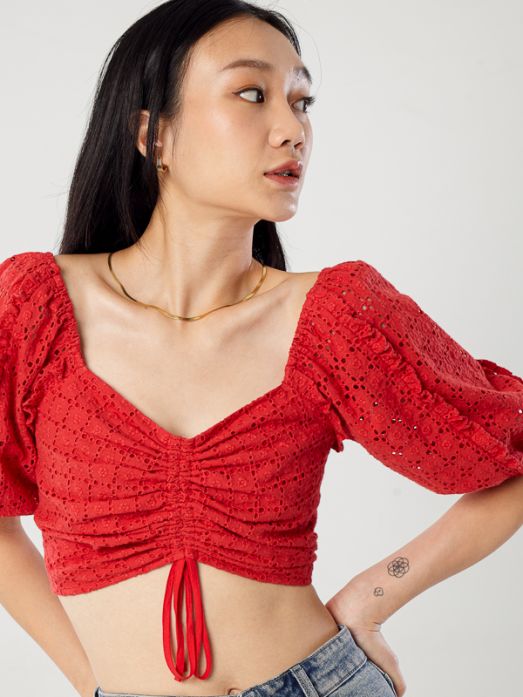 Cotton Eyelet Puff Sleeve Crop Top