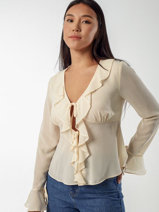 Semi-Sheer Blouse With Ruffle Trims