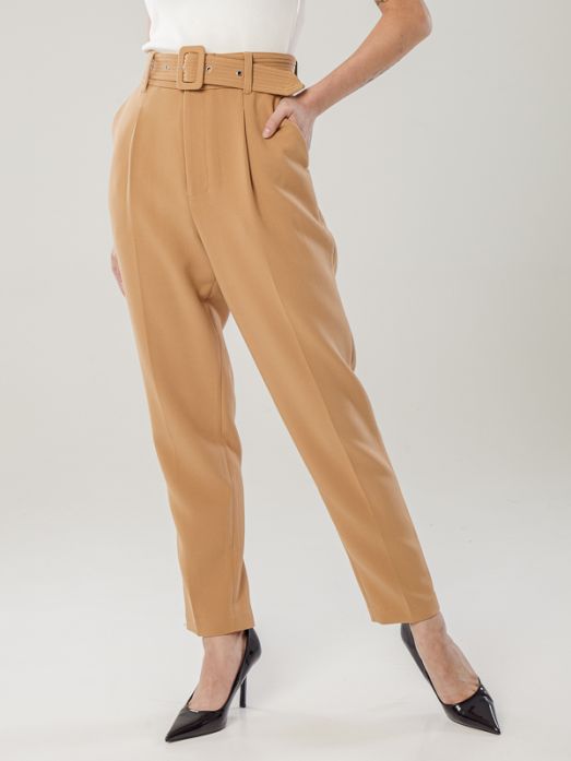 Belted High-Rise Crepe Tapered Pants