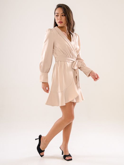 Satin Ruffle Trim Wrap Dress