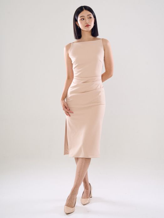 Boat Neckline Dress With Front Pleats