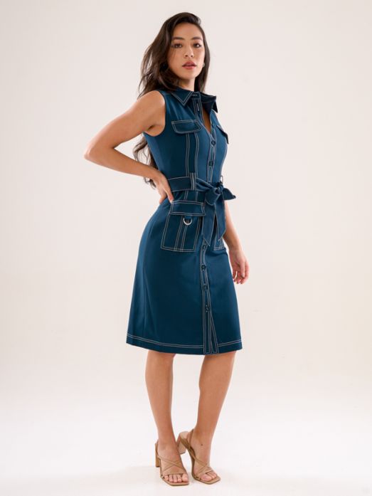 Collared Sleeveless Front Pocket Dress