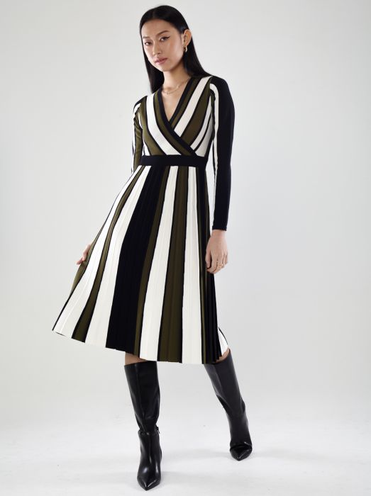 Ribbed Midi Long-Sleeve Wrap Dresses