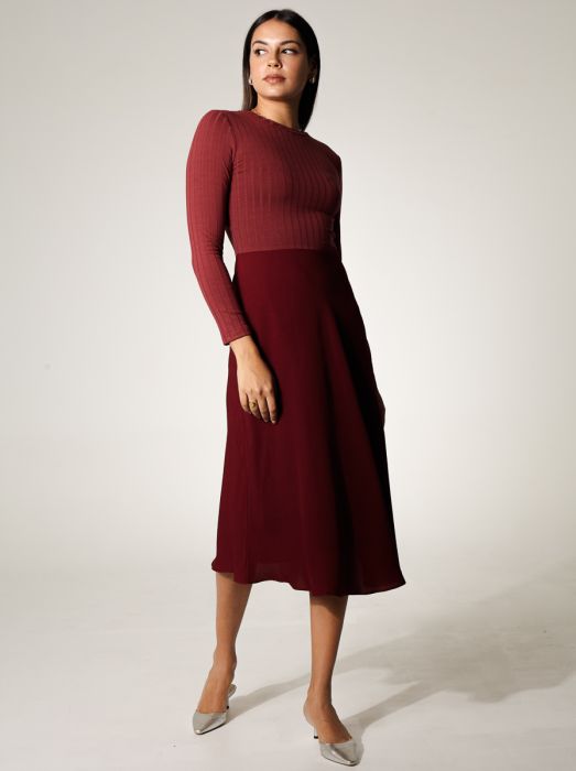 Ribbed Midi Long-Sleeve Dress