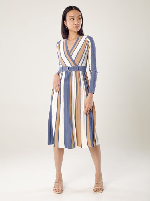 Ribbed Long-Sleeve Wrap Dress With Belt