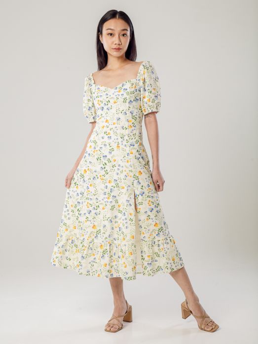 Printed Linen Puff Sleeve Slit Dress