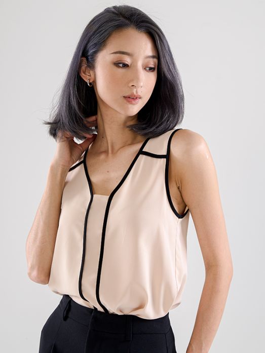 Contrast Piping Sleeveless Blouse