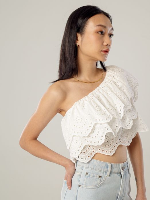 One Shoulder Ruffled Broderie Anglaise Top