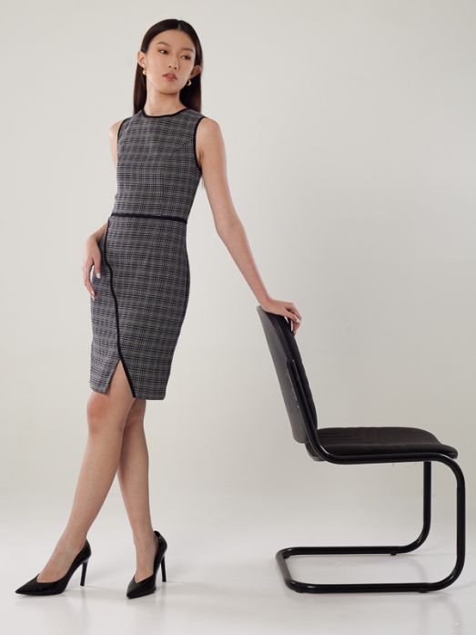 Contrast Piping Tweed Dress