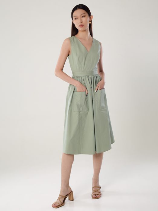V-Neck A-Line Dress with Patch Pockets