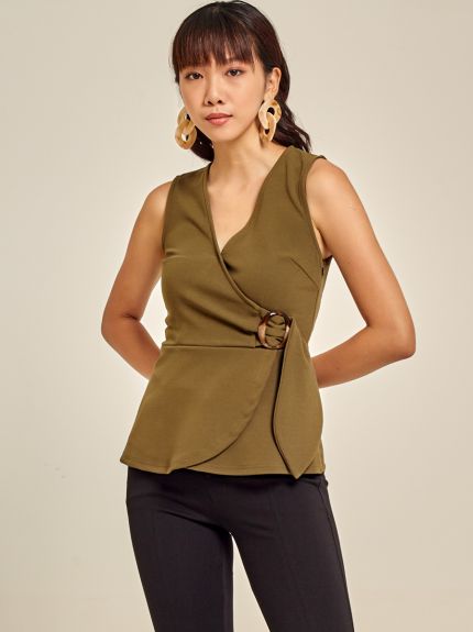 Roma Knit Wrap Top with Buckle Detail