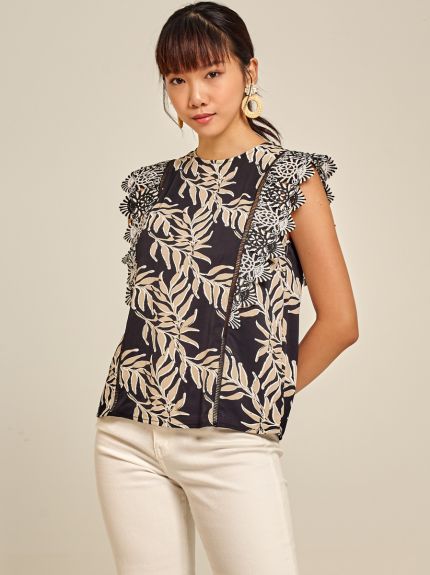 Guipure Lace Trimmed Printed Top