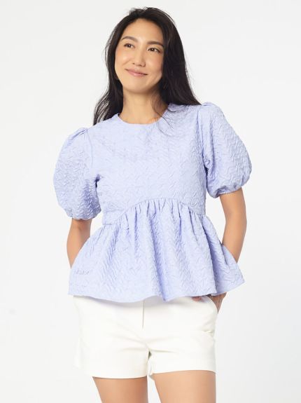 Round Neck Top with Puff Short Sleeves