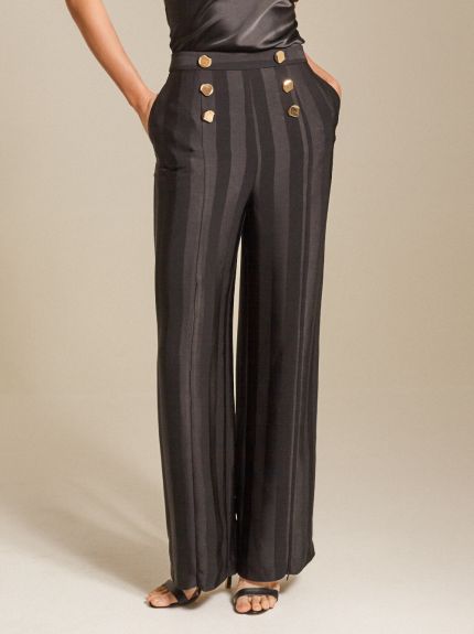 Button-Embellished Striped Satin Pants