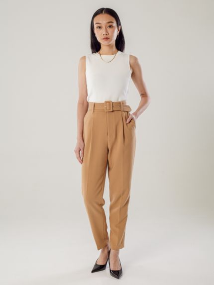 Belted High-Rise Crepe Tapered Pants