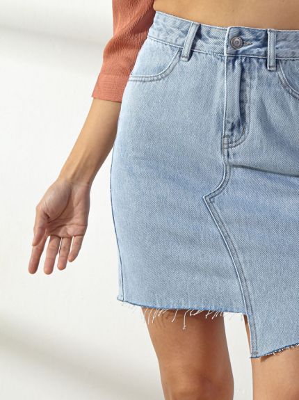Mid-Rise Asymmetrical Denim Skirt