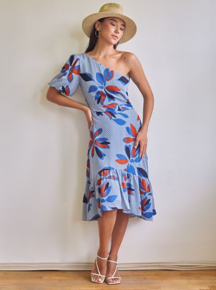 One-Shoulder Printed Ruffled Dress