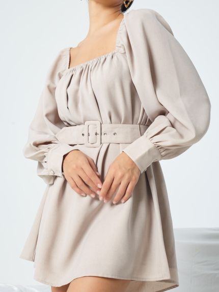 Square Neckline Dress with Long Puffy Sleeves