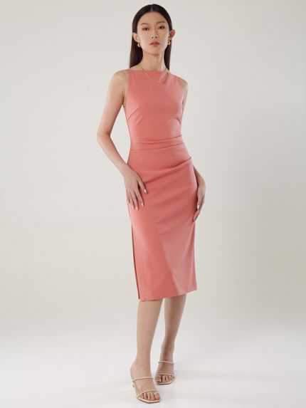 Boat Neckline Dress With Front Pleats