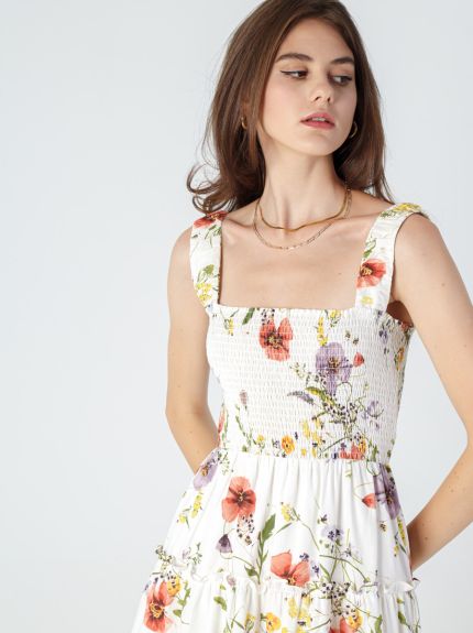Printed Linen Smoked Camisole Dress