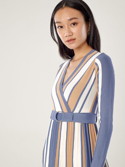 Ribbed Long-Sleeve Wrap Dress With Belt