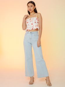 Printed Linen Boxed Pleat Crop Top