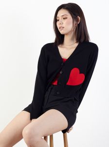 Deep-V Cardigan With Heart Patch