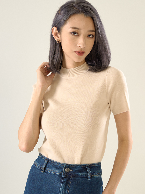 Mock Neck Short Sleeve Knit Top