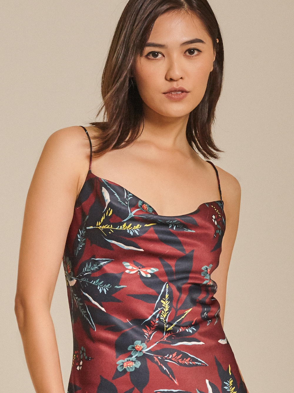 Draped Printed Satin Midi Dress