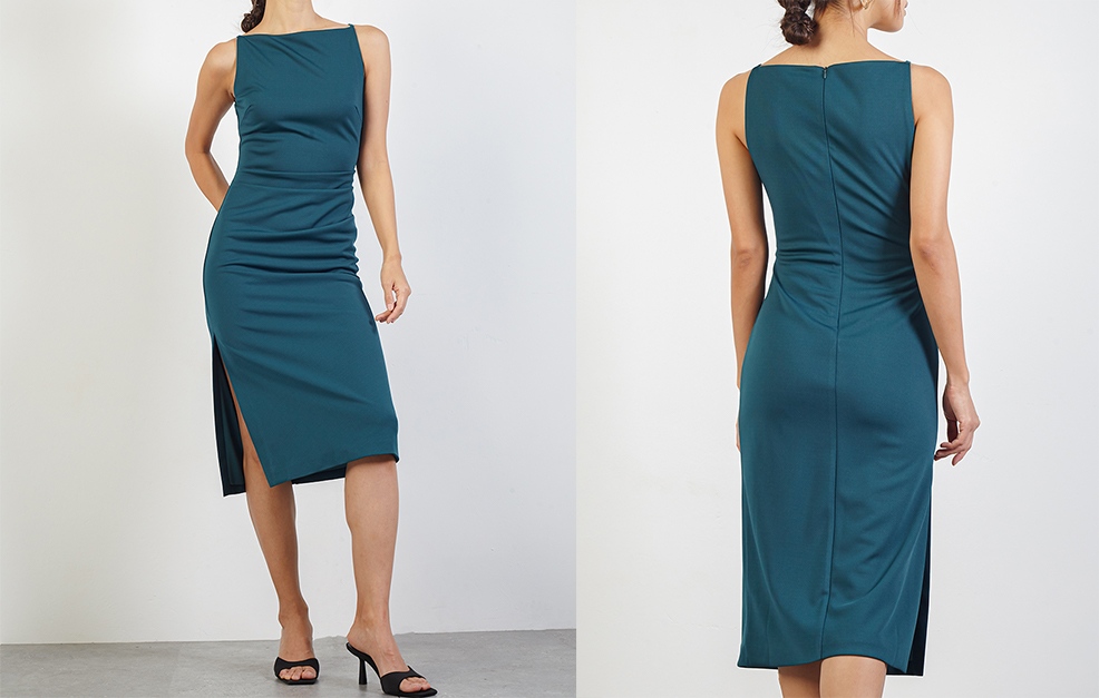 Boat Neckline Dress With Front Pleats
