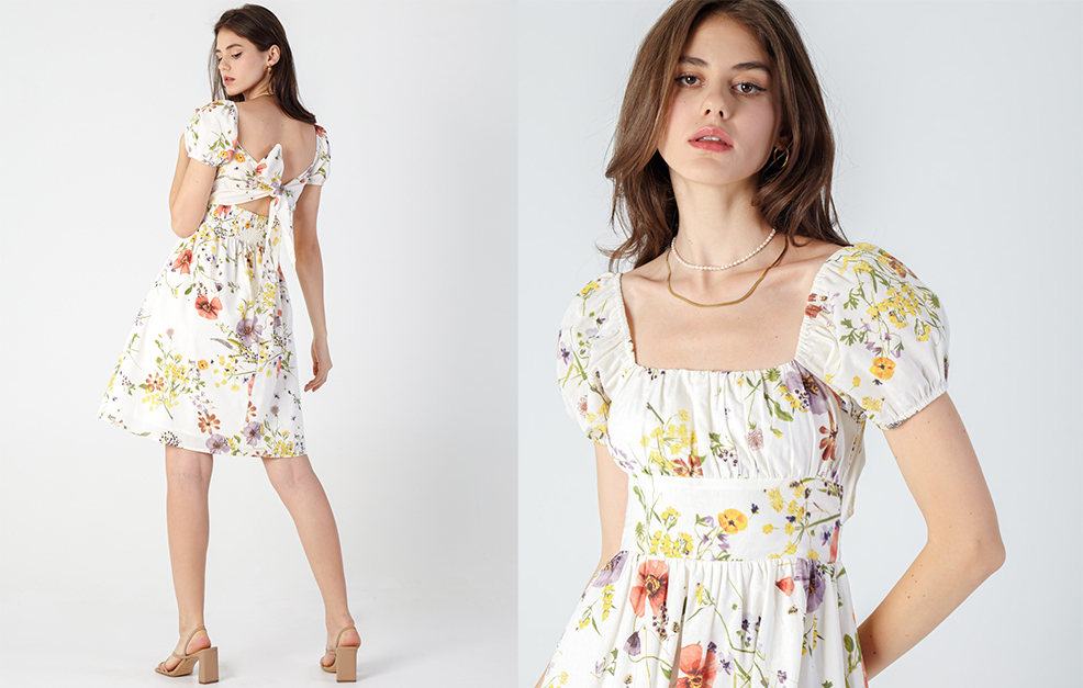 Printed Linen Dress with Back-Tie Opening
